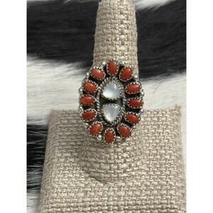 Native American Sterling Silver Mother Pearl Red Coral Multi-Stone Cluster Ring